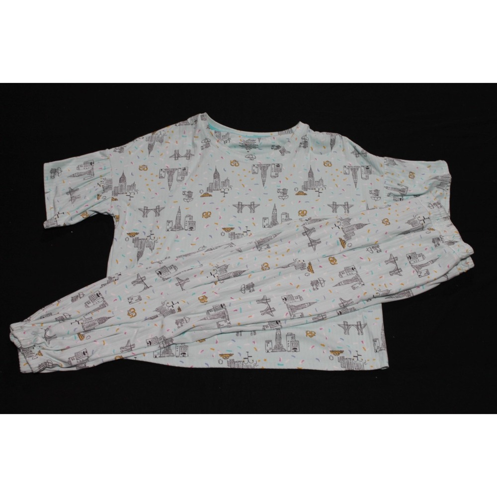 Cuddl Duds Pajama Set Womens Medium Blue NYC Pretzel Print Lounge Sleepwear